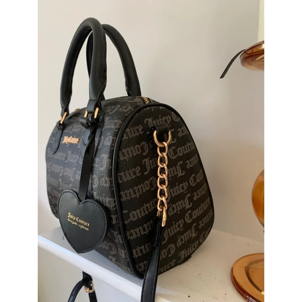 Juicy Couture Black Gothic Logo Barrel Satchel Crossbody Bag Heart Charm